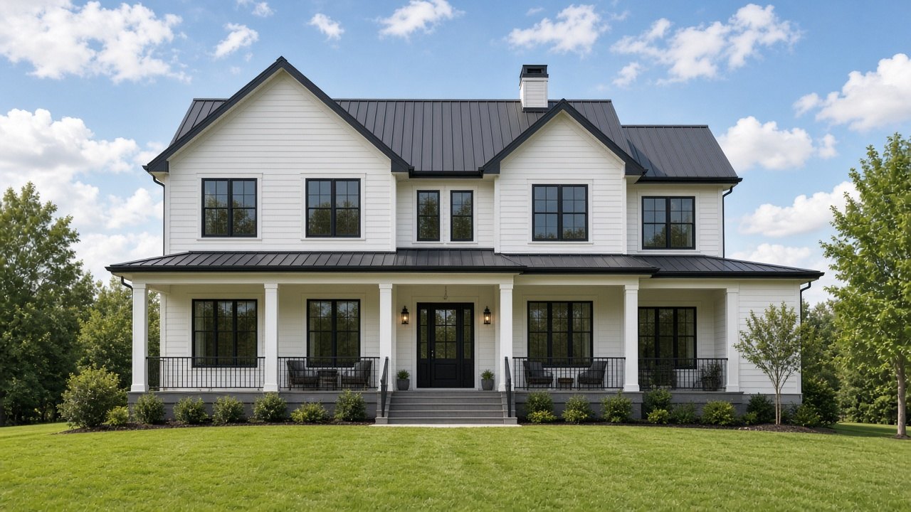 A modern house with a new roof, shown in full from the front lawn