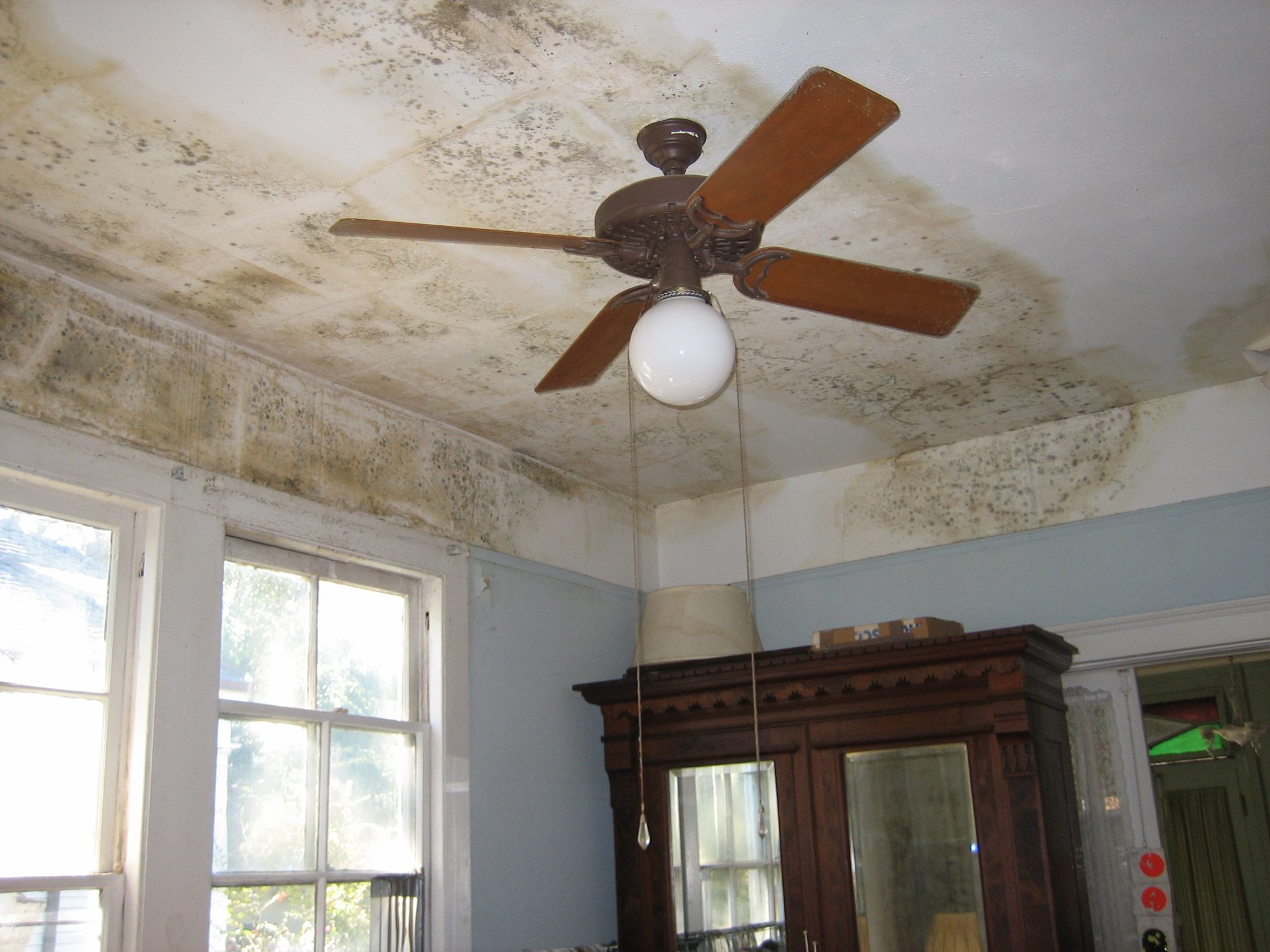 A whole room with water stains across the ceiling